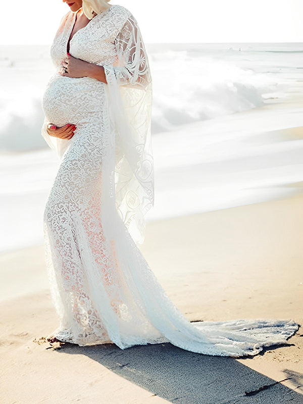 White Lace Trumpet V-Neck Flare Sleeve Bodycon Prom Wedding Gown Photoshoot Maternity Maxi Dress