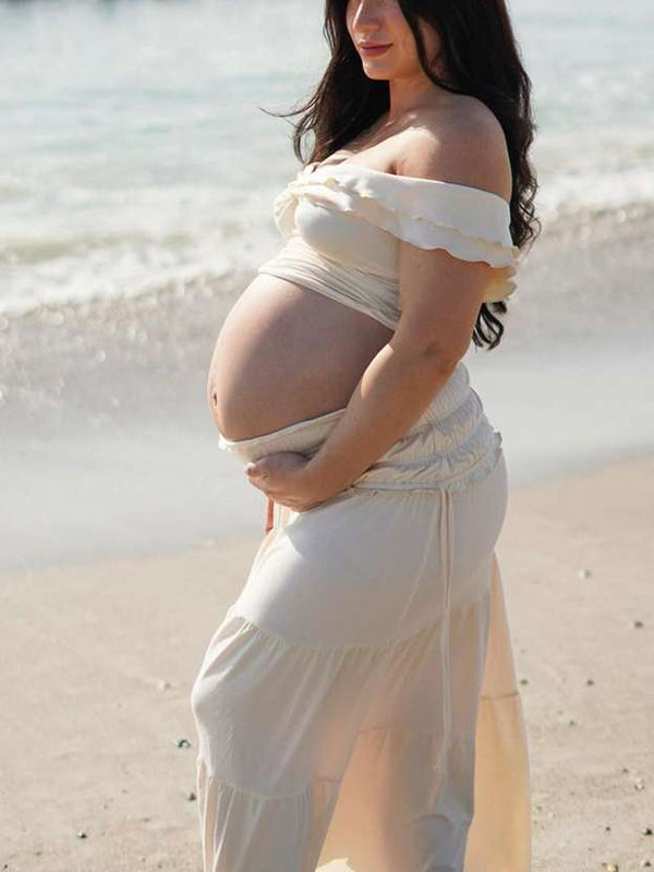 Ivory White Two Piece Set Off Shoulder Ruffle Falbala Bodycon Elegant Maternity Boho Photoshoot Baby Shower Maxi Dress