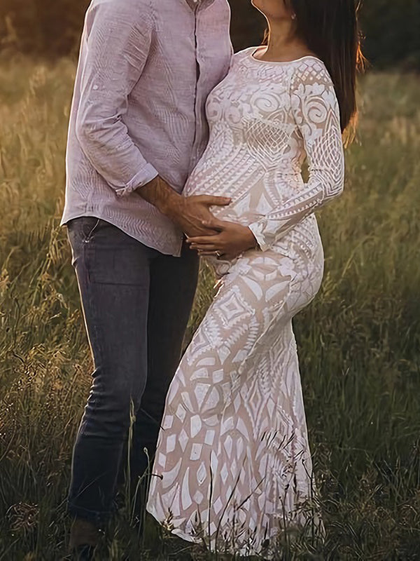 White Lace Sequin Off Shoulder Mermaid Bodycon Wedding Gown Baby Shower Elegant Foamal Maternity Photoshoot Maxi Dress