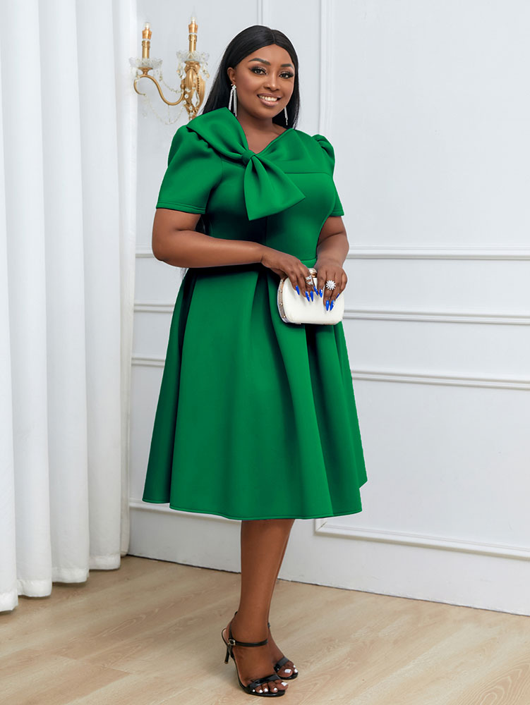 Elegant A Line Wedding Guests Dress With A Bow Puff Sleeve