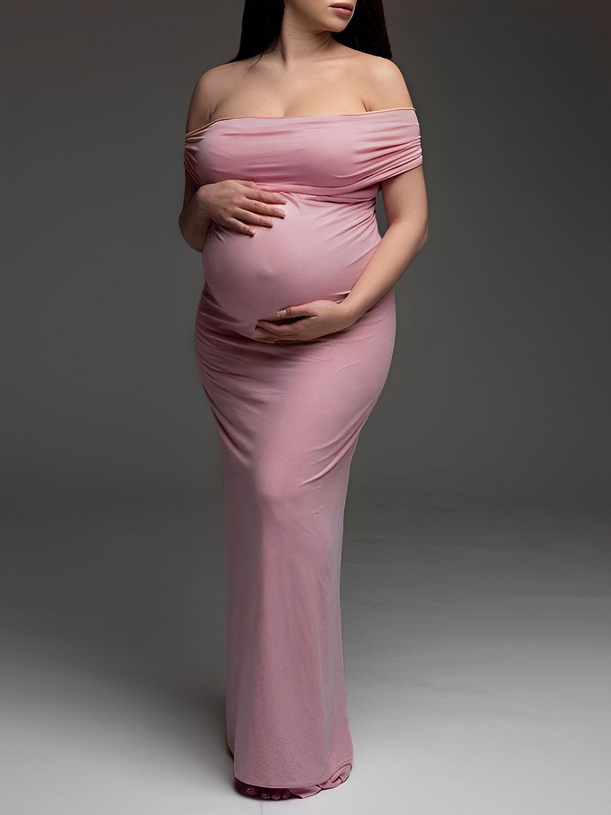 Pink Off Shoulder Belly Friendly Ruched Boat Neck Bodycon Photoshoot Maternity Maxi Dress