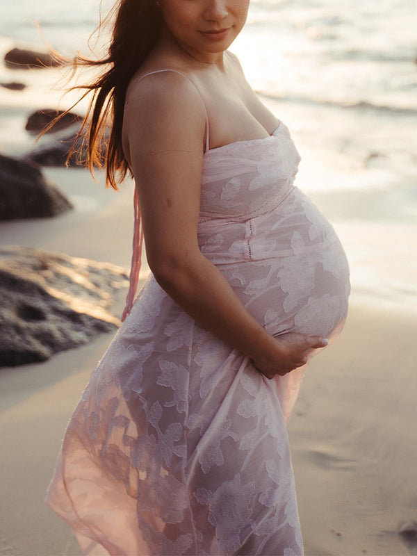 Pink Spaghetti Strap Backless Sheer Big Swing Chic Maternity Maxi Dress