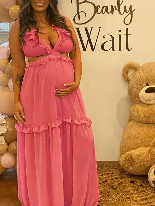 Pink Cut Out Ruffle Backless Tie Back Deep V-neck Elegant Party Maternity Baby Shower Maxi Dress