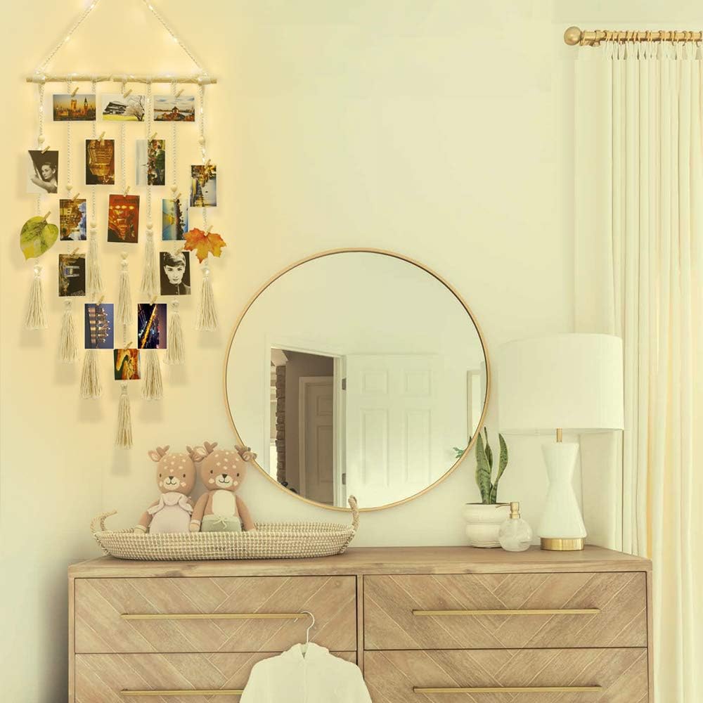 Hanging Photo Display Wall Decor, Macrame Wall Hanging Boho Room Bedroom Decor, Picture Frame Collage Board with Light 30 Clip, Christmas Gifts