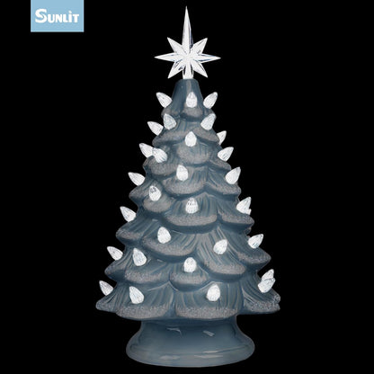 Cordless Lighted Glitter Ceramic Christmas Tree Vintage Tabletop Christmas Decoration Pre-Lit Colorful Mini Light Bulbs 13'' Traditional AA Battery Operated LED - White and Light Blue
