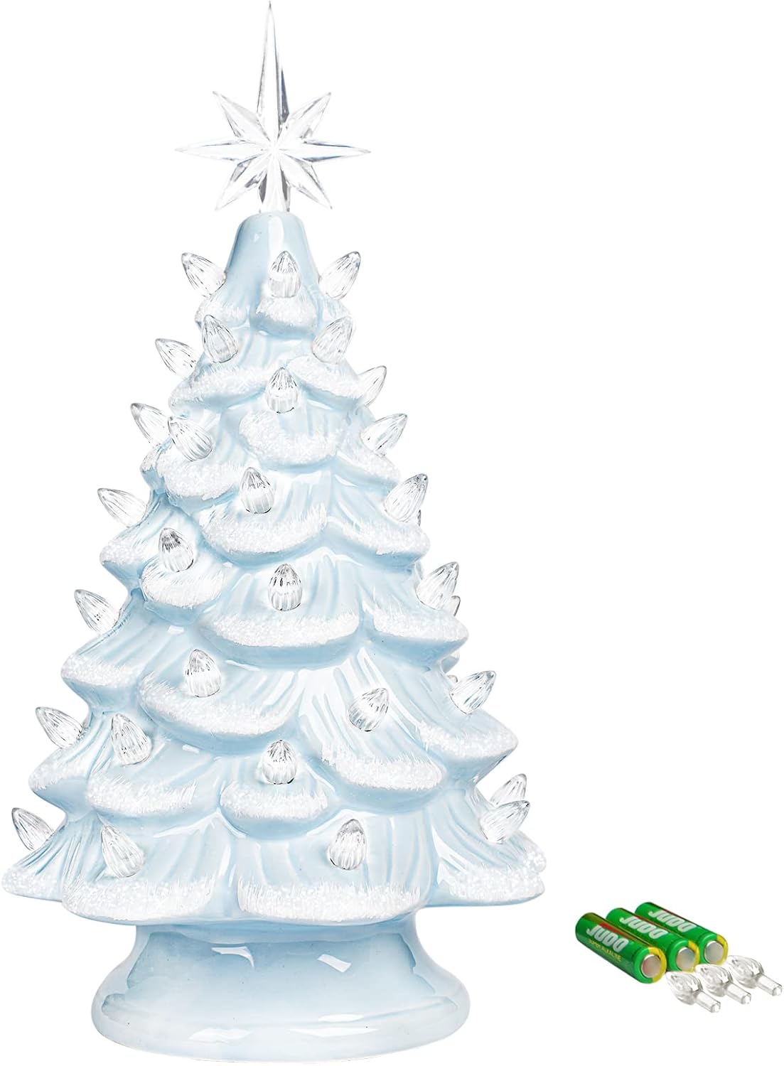 Cordless Lighted Glitter Ceramic Christmas Tree Vintage Tabletop Christmas Decoration Pre-Lit Colorful Mini Light Bulbs 13'' Traditional AA Battery Operated LED - White and Light Blue