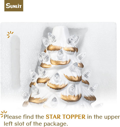 Cordless Lighted Glitter Ceramic Christmas Tree Vintage Tabletop Christmas Decoration Pre-Lit Colorful Mini Light Bulbs 13'' Traditional AA Battery Operated LED - White and Light Blue