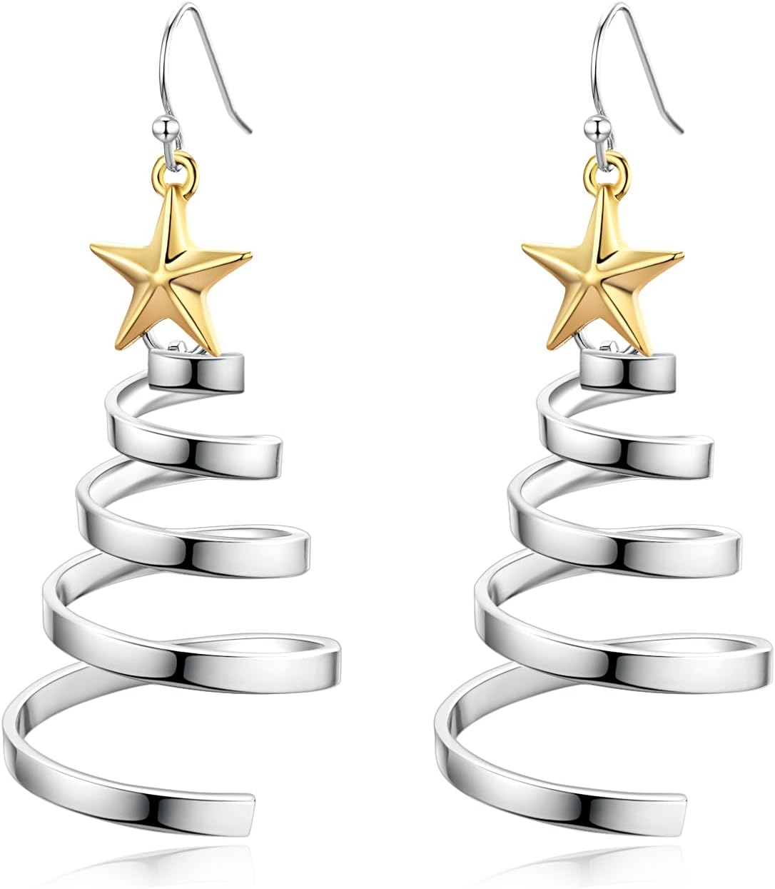 Handmade Christmas Tree Dangle Hoop Earrings Golden Silver Two Tone Women Holiday Gift, Thanksgiving Themed Earrings, Christmas Party Gift