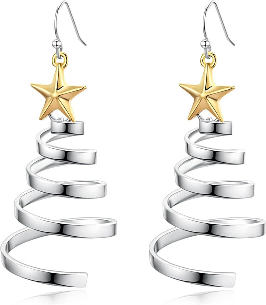Handmade Christmas Tree Dangle Hoop Earrings Golden Silver Two Tone Women Holiday Gift, Thanksgiving Themed Earrings, Christmas Party Gift