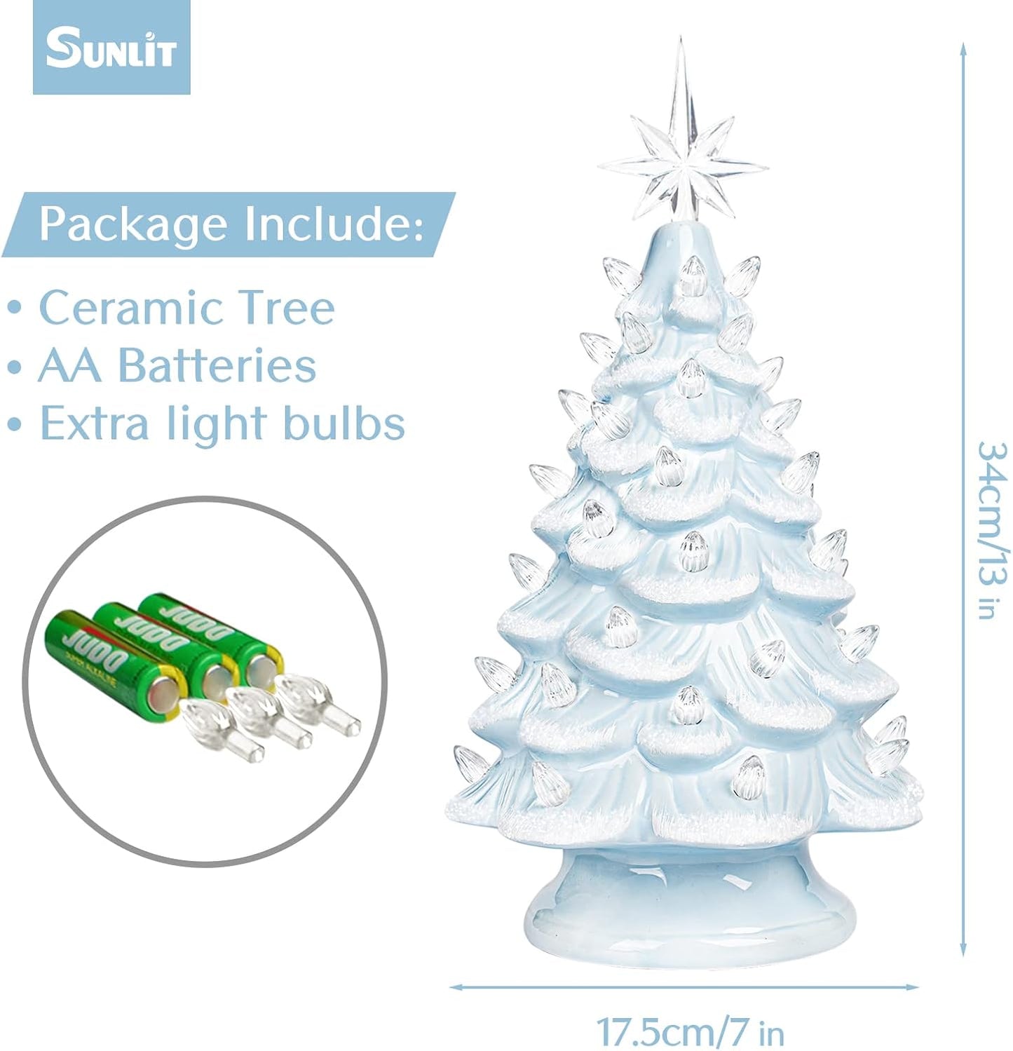 Cordless Lighted Glitter Ceramic Christmas Tree Vintage Tabletop Christmas Decoration Pre-Lit Colorful Mini Light Bulbs 13'' Traditional AA Battery Operated LED - White and Light Blue