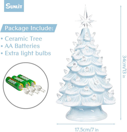 Cordless Lighted Glitter Ceramic Christmas Tree Vintage Tabletop Christmas Decoration Pre-Lit Colorful Mini Light Bulbs 13'' Traditional AA Battery Operated LED - White and Light Blue