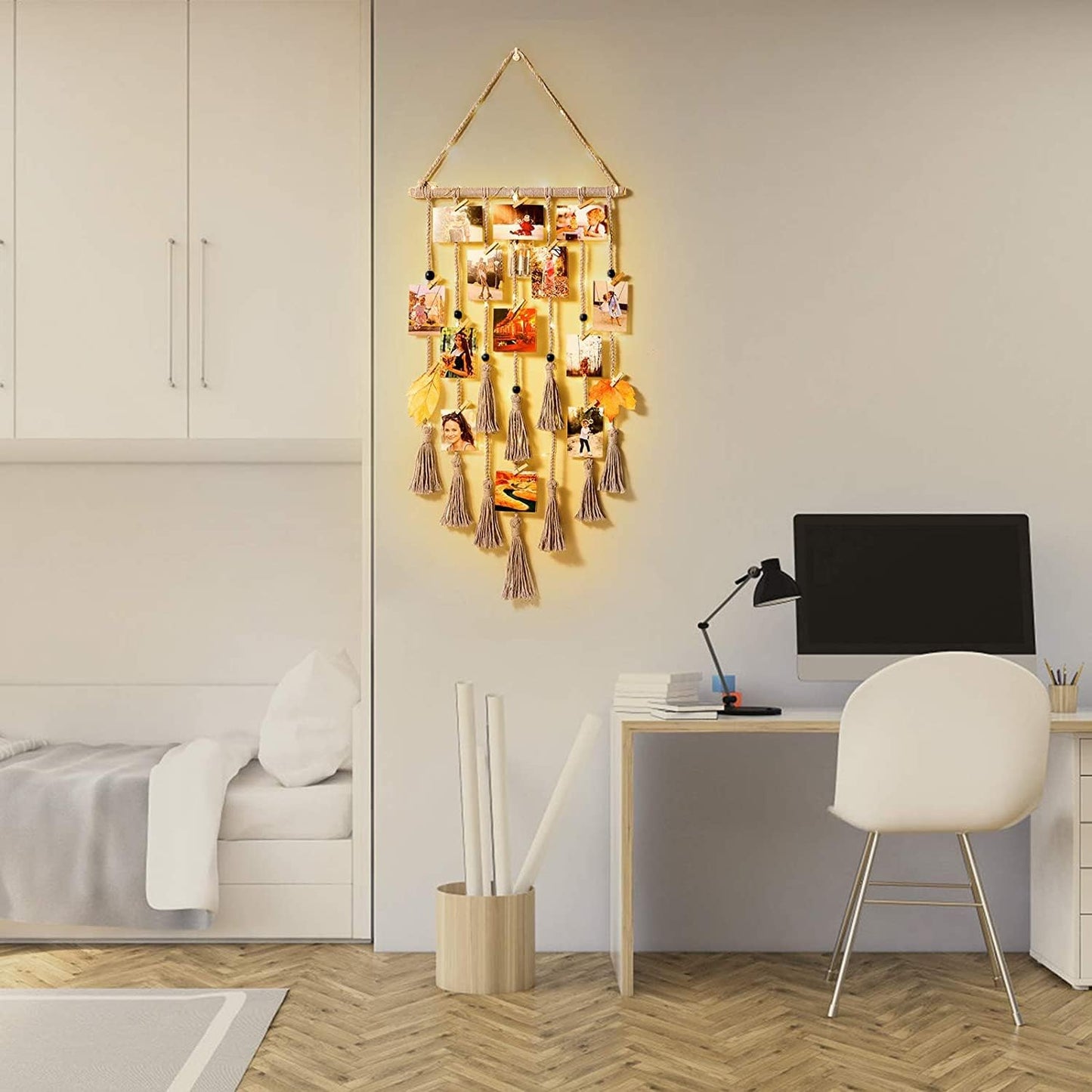 Hanging Photo Display Wall Decor, Macrame Wall Hanging Boho Room Bedroom Decor, Picture Frame Collage Board with Light 30 Clip, Christmas Gifts