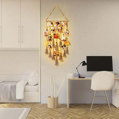 Hanging Photo Display Wall Decor, Macrame Wall Hanging Boho Room Bedroom Decor, Picture Frame Collage Board with Light 30 Clip, Christmas Gifts