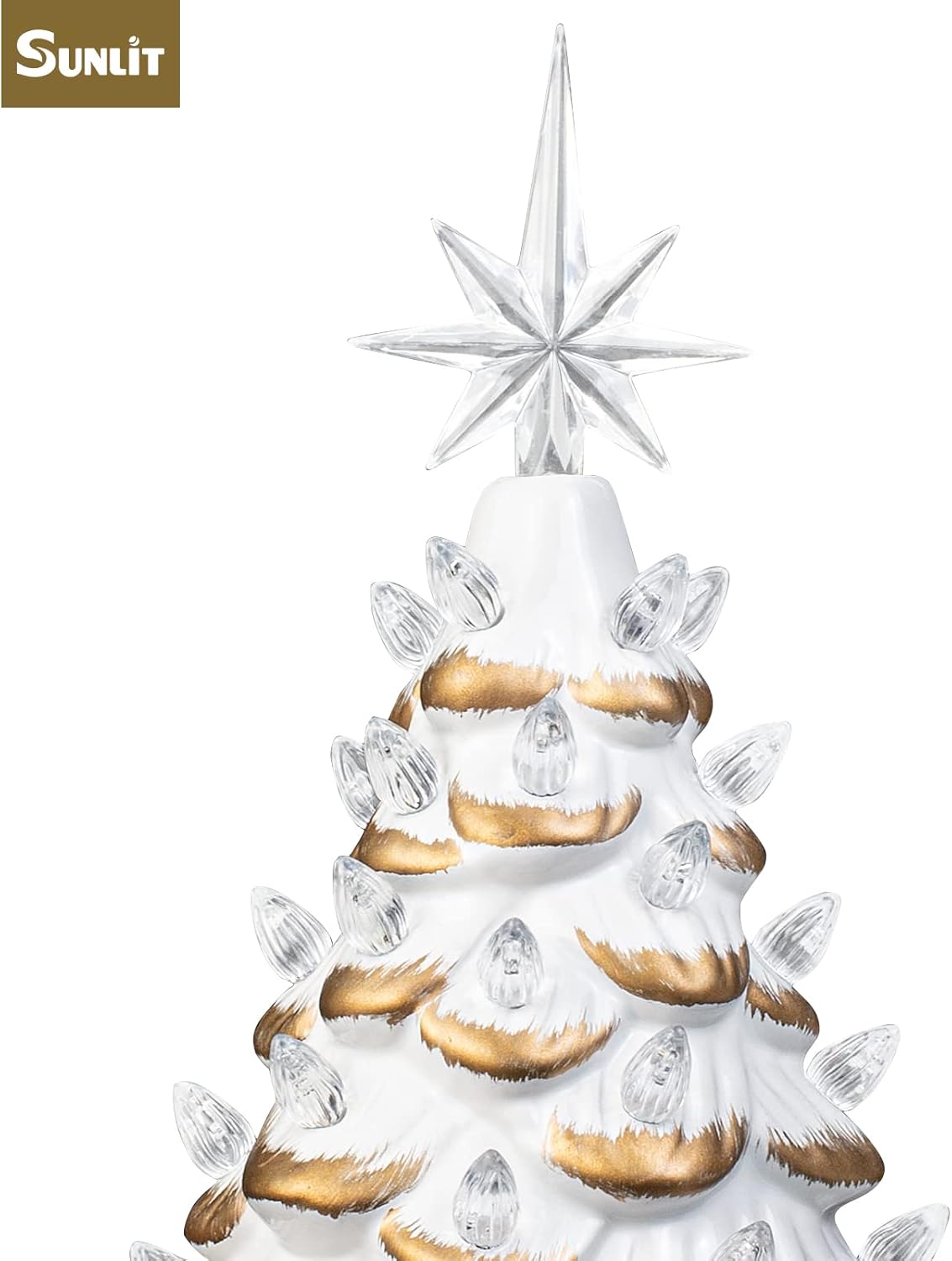 Cordless Lighted Glitter Ceramic Christmas Tree Vintage Tabletop Christmas Decoration Pre-Lit Colorful Mini Light Bulbs 13'' Traditional AA Battery Operated LED - White and Light Blue