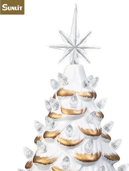 Cordless Lighted Glitter Ceramic Christmas Tree Vintage Tabletop Christmas Decoration Pre-Lit Colorful Mini Light Bulbs 13'' Traditional AA Battery Operated LED - White and Light Blue