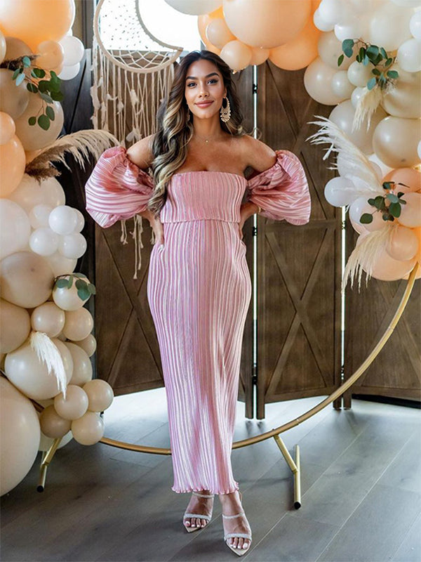 Pink Off Shoulder Bandeau Ribbed  Pleated Bodycon Puff Sleeve Evening Gown Baby Shower Maternity Maxi Dress