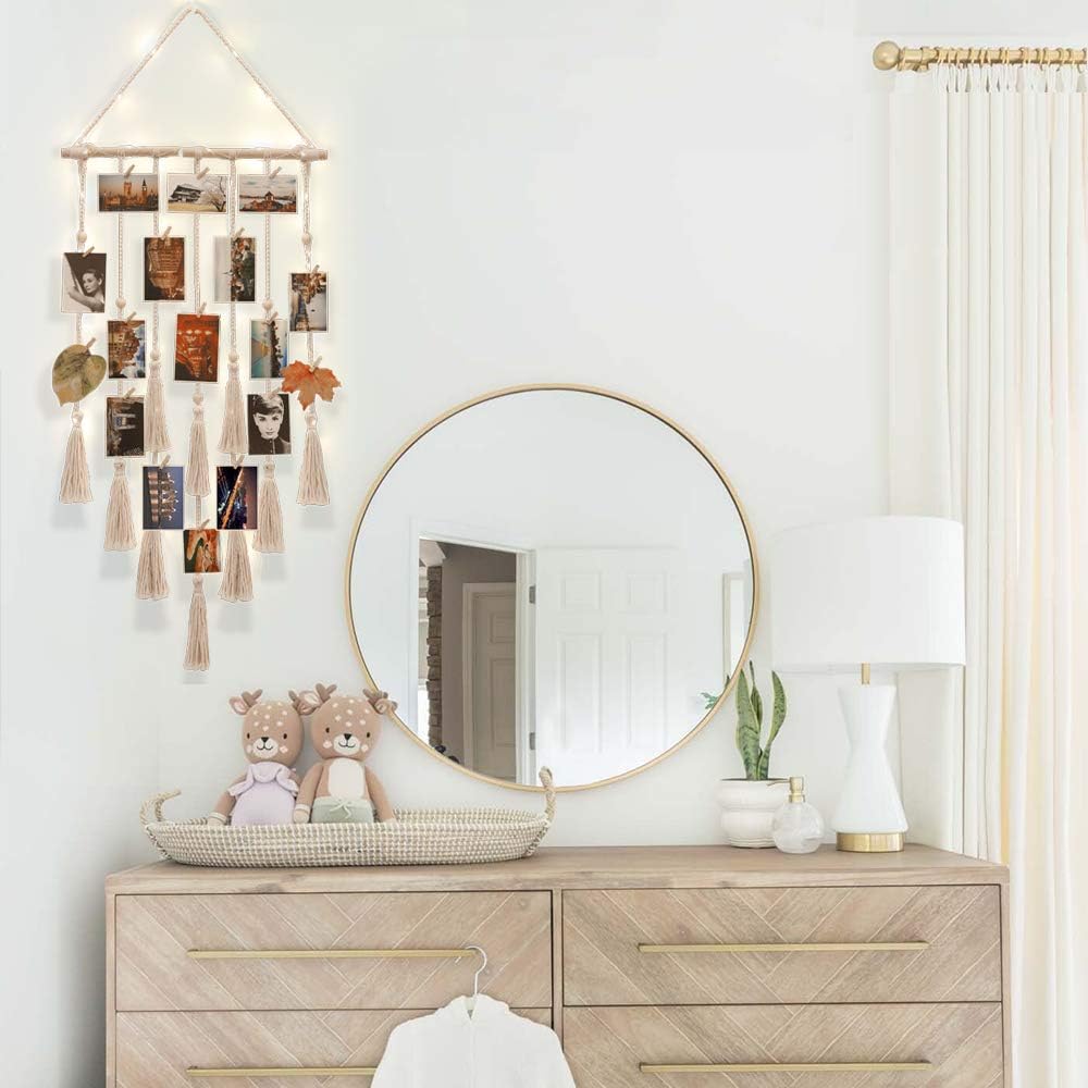 Hanging Photo Display Wall Decor, Macrame Wall Hanging Boho Room Bedroom Decor, Picture Frame Collage Board with Light 30 Clip, Christmas Gifts