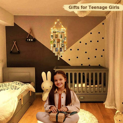 Hanging Photo Display Wall Decor, Macrame Wall Hanging Boho Room Bedroom Decor, Picture Frame Collage Board with Light 30 Clip, Christmas Gifts