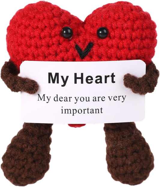 Positive Heart Crochet, Wool Yarn Funny Positive Knitted Toy Doll Red Heart Potato Doll with Encourage Card