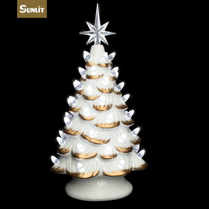 Cordless Lighted Glitter Ceramic Christmas Tree Vintage Tabletop Christmas Decoration Pre-Lit Colorful Mini Light Bulbs 13'' Traditional AA Battery Operated LED - White and Light Blue