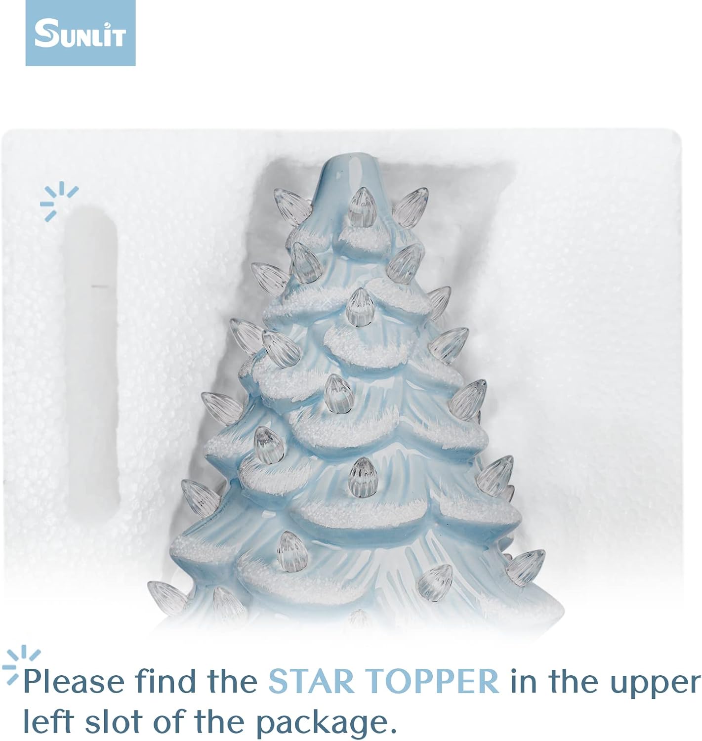 Cordless Lighted Glitter Ceramic Christmas Tree Vintage Tabletop Christmas Decoration Pre-Lit Colorful Mini Light Bulbs 13'' Traditional AA Battery Operated LED - White and Light Blue