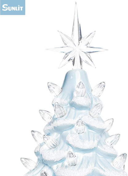 Cordless Lighted Glitter Ceramic Christmas Tree Vintage Tabletop Christmas Decoration Pre-Lit Colorful Mini Light Bulbs 13'' Traditional AA Battery Operated LED - White and Light Blue
