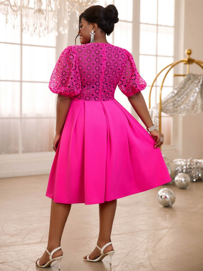 Lace Patchwork Hollow Out Lantern Sleeves Pleated Dress