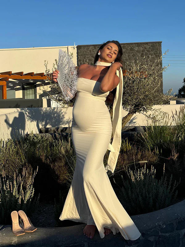 Ivory White Bandeau Strapless Mermaid Dress With Scarf Cocktail Maternity Maxi Dress