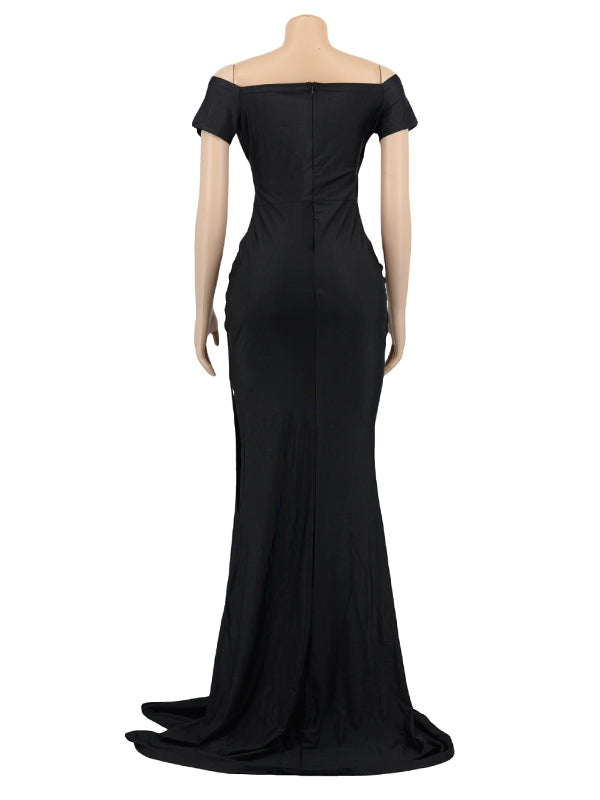 Black Off Shoulder Side Slit Bodycon Baby Shower Photoshoot Gown Maternity Maxi Dress