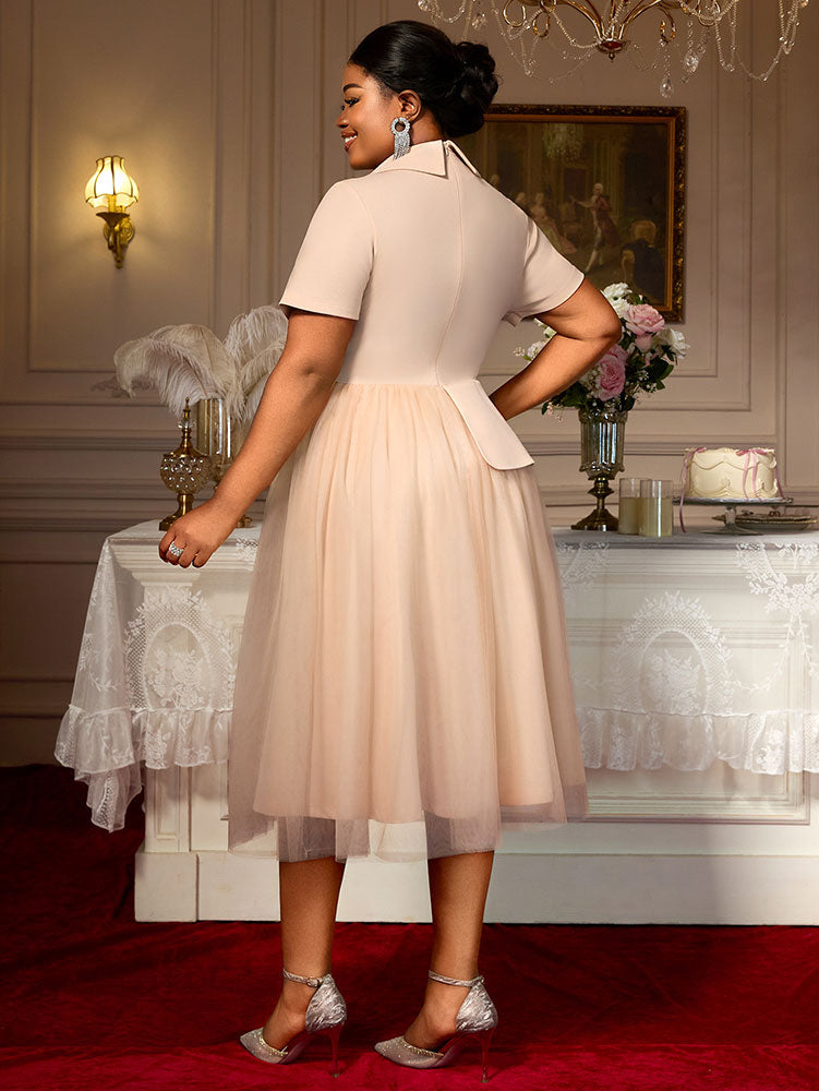 DRESS A Line Blazer Dresses With Waist Belt Patchwork Mesh Skirt
