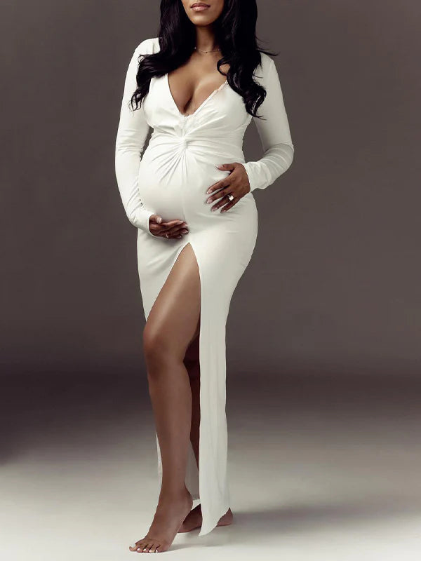 Twist Ruched Side Slit V-neck Elegant Banquet Photoshoot Baby Shower Maternity Maxi Dress