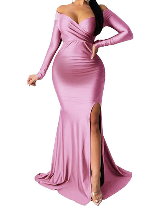 Pink Off Shoulder Long Sleeve High Split Bodycon Baby Shower Party Gown Pregnancy Maternity Maxi Dress