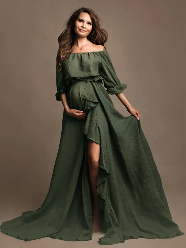 Solid Color Off Shoulder Backless Ruffle Crop Side Slit 2-in-1 Photoshoot Maternity Maxi Dress