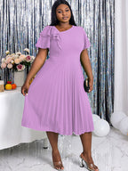 DRESS Asymmetrical Neck Ruffles Short Sleeve Pleated Dress