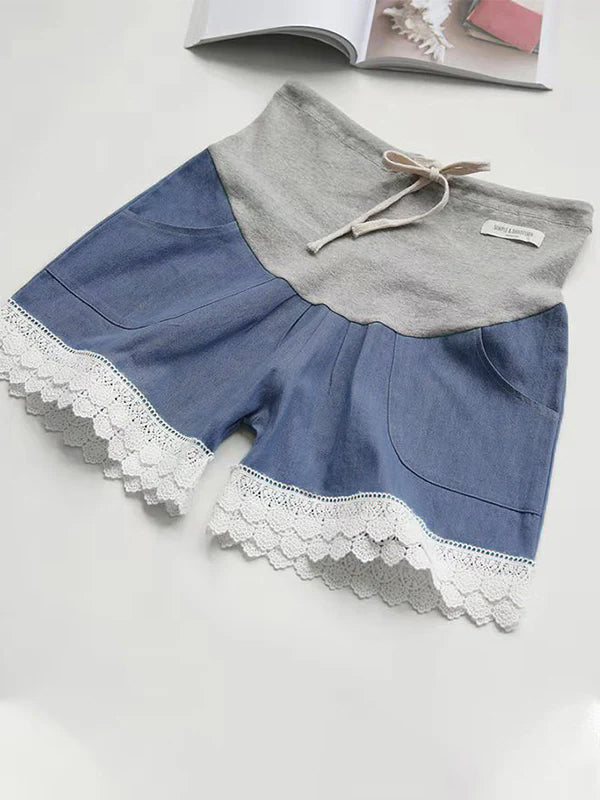 Lace Splicing Support The Bump Short Denim Maternity Pants
