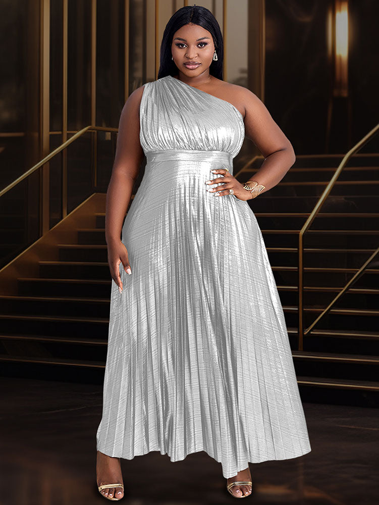 Gold Party Dress Long For Holiday One Shoulder Maxi Shiny Pleated