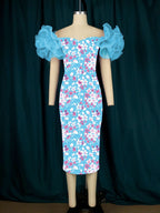 Ruffle Short Sleeve Printed Vintage Dress Midi