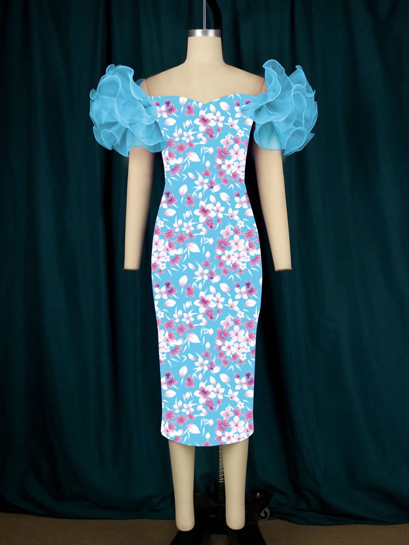 Ruffle Short Sleeve Printed Vintage Dress Midi