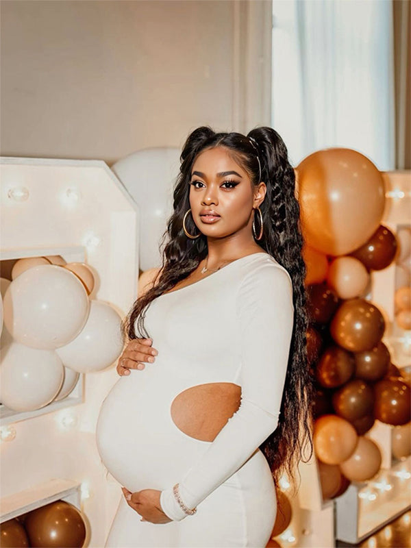 One Shoulder Cut Out Irregular Bodycon Long Sleeve Fashion Baby Shower Maternity Maxi Dress