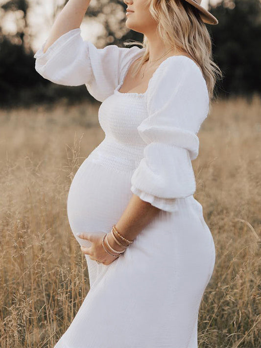 White Ruffle Ruched High Waist Puff Sleeve Cute Photoshoot Maternity Maxi Dress