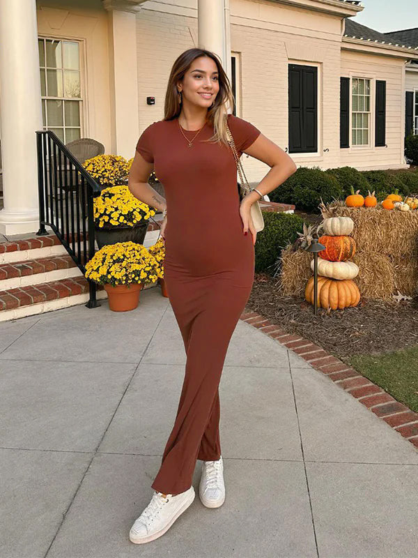 Brown Solid Color Short Sleeve Bodycon Daily Casual Baby Shower Maternity Maxi Dress