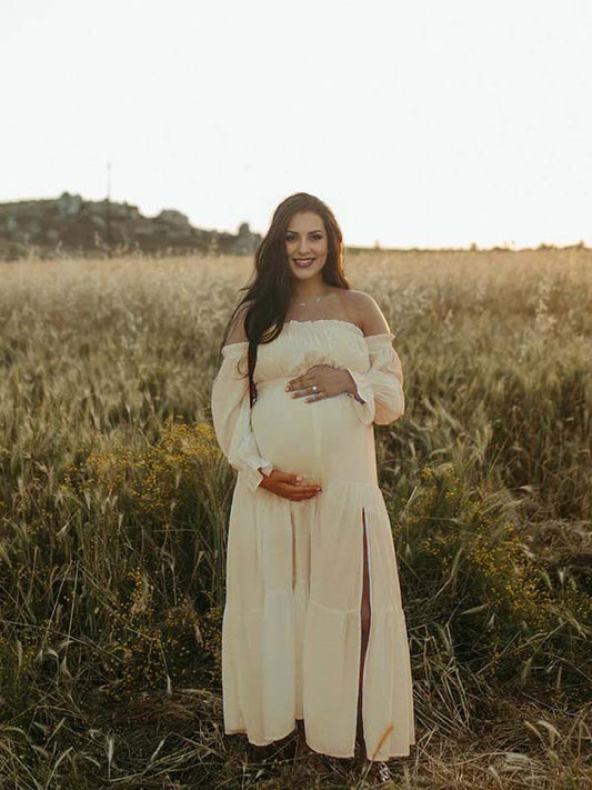 Flowy Off Shoulder Ruffle Falbala Side Slit Big Swing Lantern Sleeve Elegant Holiday Vacation Boho Maternity Photoshoot Baby Shower Maxi Dress