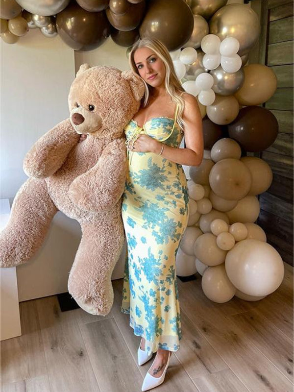 Light Yellow Mermaid Cami Flowers Lace Tie Sweetheart Neckline Bodycon Cute Baby Shower Maternity Maxi Dress