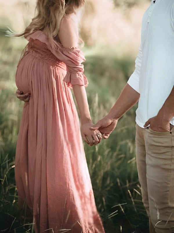 Pink Boho Flowy Bump Friendly Off Shoulder Photoshoots Maxi Dress