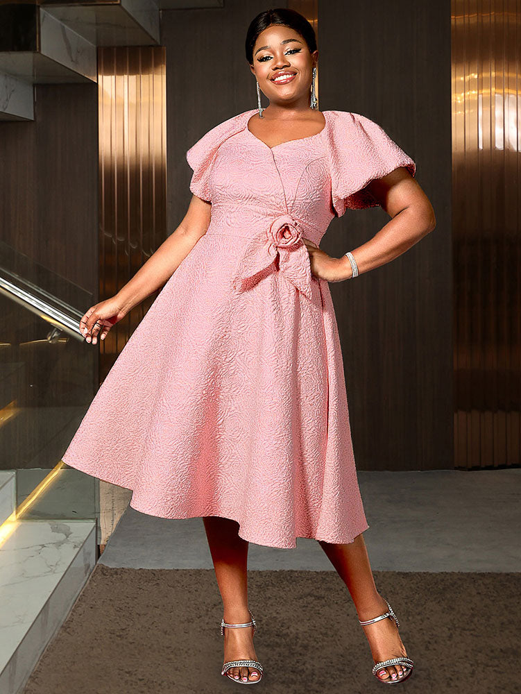 Elegant Jacquard A Line Church Dress 3D Flower Puff Sleeve