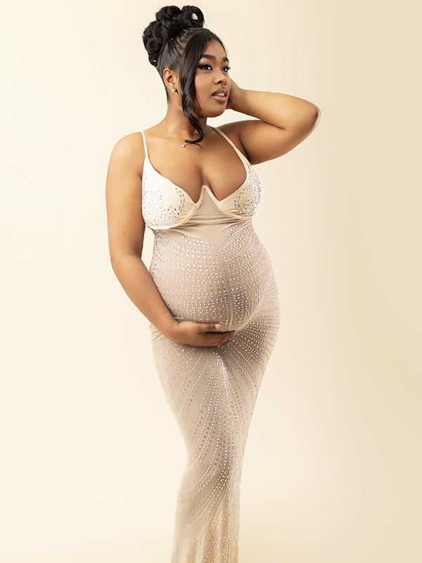 Apricot Mesh Rhinestone Spaghetti Strap Mermaid Cami Evening Gown Elegant Maternity Club Photoshoot Maxi Dress