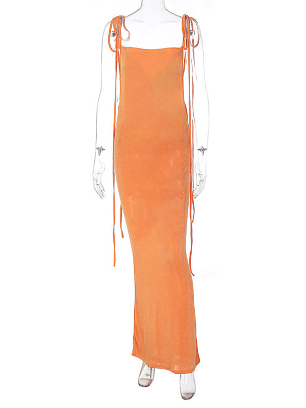 Orange Spaghetti Strap Draped Backless Sleeveless Cocktail Elegant Maternity Maxi Dress