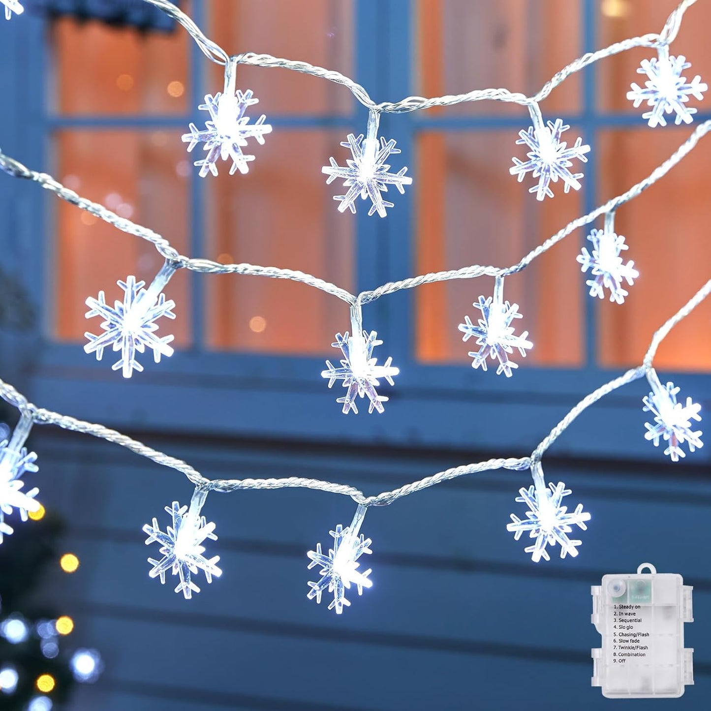 2 Pack Christmas Snowflakes Lights, 26 Ft 50 LED Snowflake String Lights Battery Operated, 8 Lighting Modes Waterproof Shatterproof Fairy Light for Bedroom Home Indoor Outdoor Xmas Christmas Decor