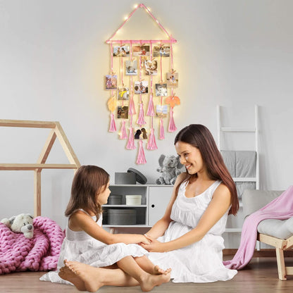 Hanging Photo Display Wall Decor, Macrame Wall Hanging Boho Room Bedroom Decor, Picture Frame Collage Board with Light 30 Clip, Christmas Gifts