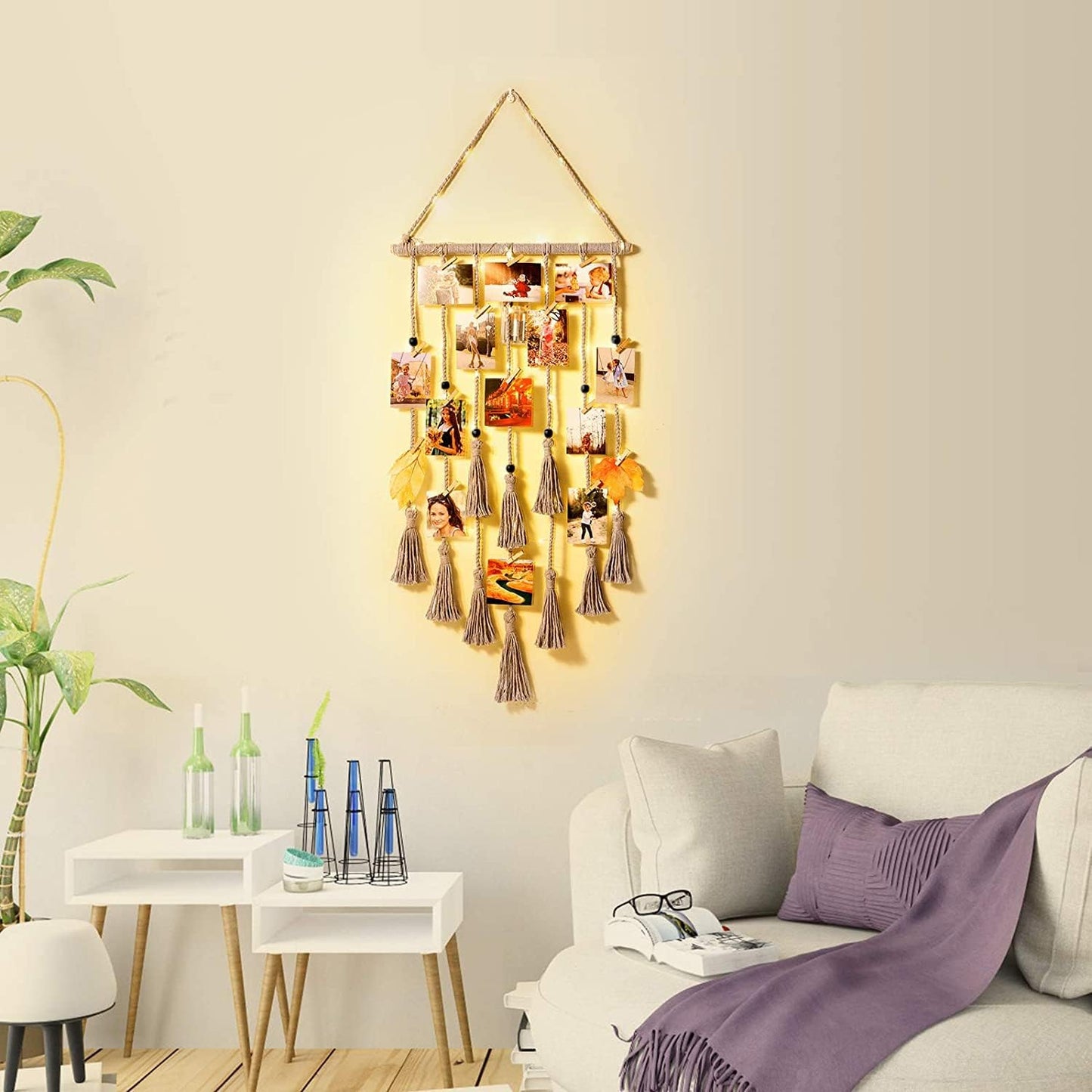 Hanging Photo Display Wall Decor, Macrame Wall Hanging Boho Room Bedroom Decor, Picture Frame Collage Board with Light 30 Clip, Christmas Gifts